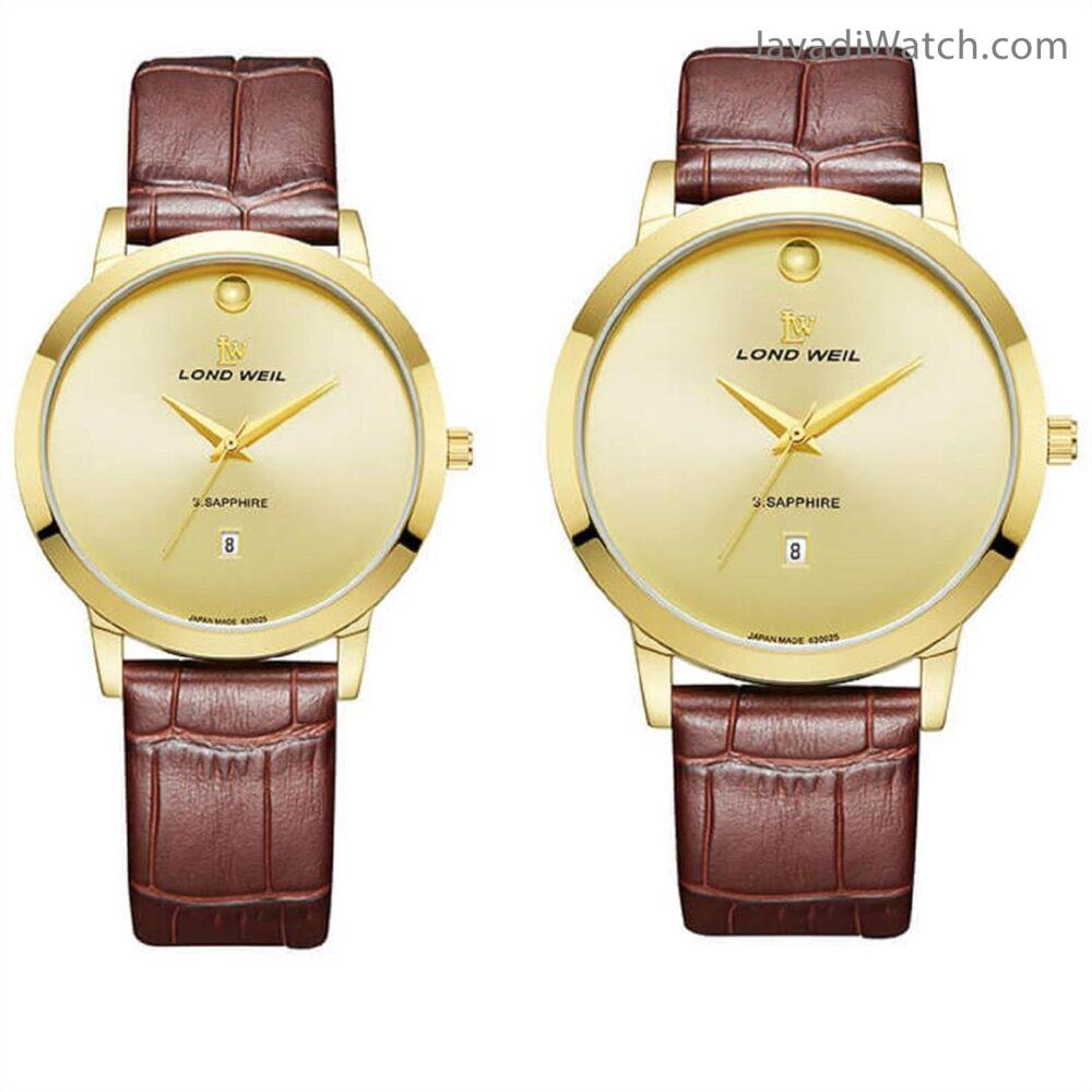 LW-630026-gold-gold ساعت لوندویل ست بند چرمی گلد قهوهای مدل 630026